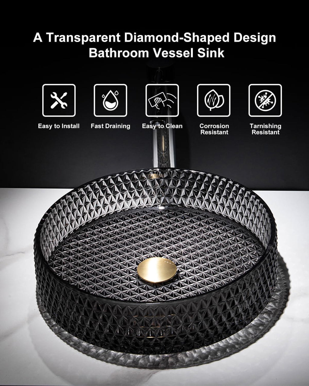 Homary Bathroom Vessel Sink Round Vessel Sink 15.35' x 4.33' Transparent Diamond Shaped Crystal Glass Bathroom Sink Above Counter with Pop-up Drain, Black