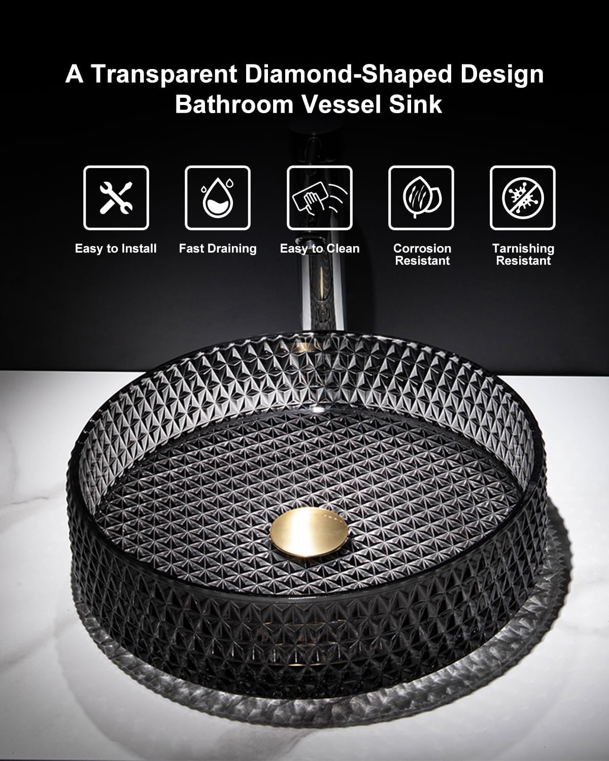 Homary Bathroom Vessel Sink Round Vessel Sink 15.35' x 4.33' Transparent Diamond Shaped Crystal Glass Bathroom Sink Above Counter with Pop-up Drain, Black