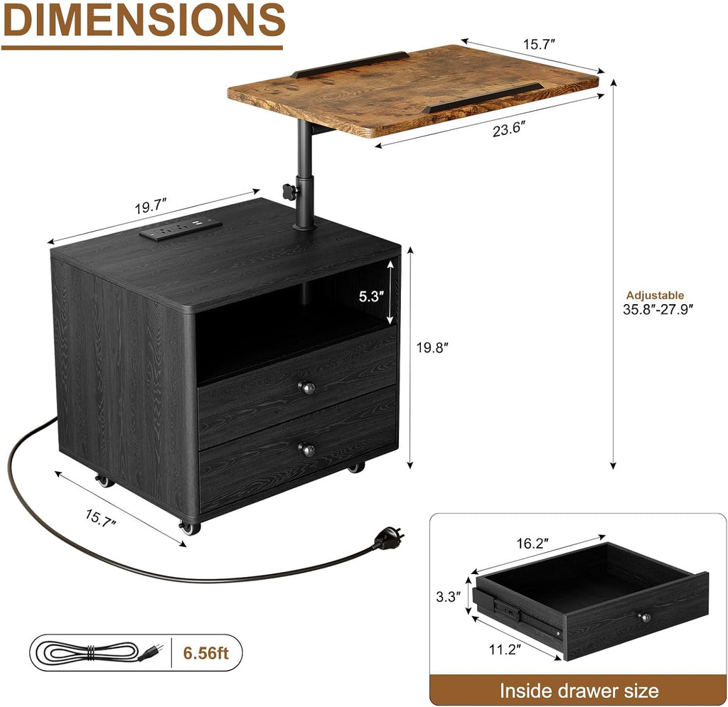 Bedroom Nightstand with Drawers & Charging Station, Adjustable Height Bedside Table with Wheels, Wooden Small Sofa Side Tables with Storage for Living Room, Black Brown