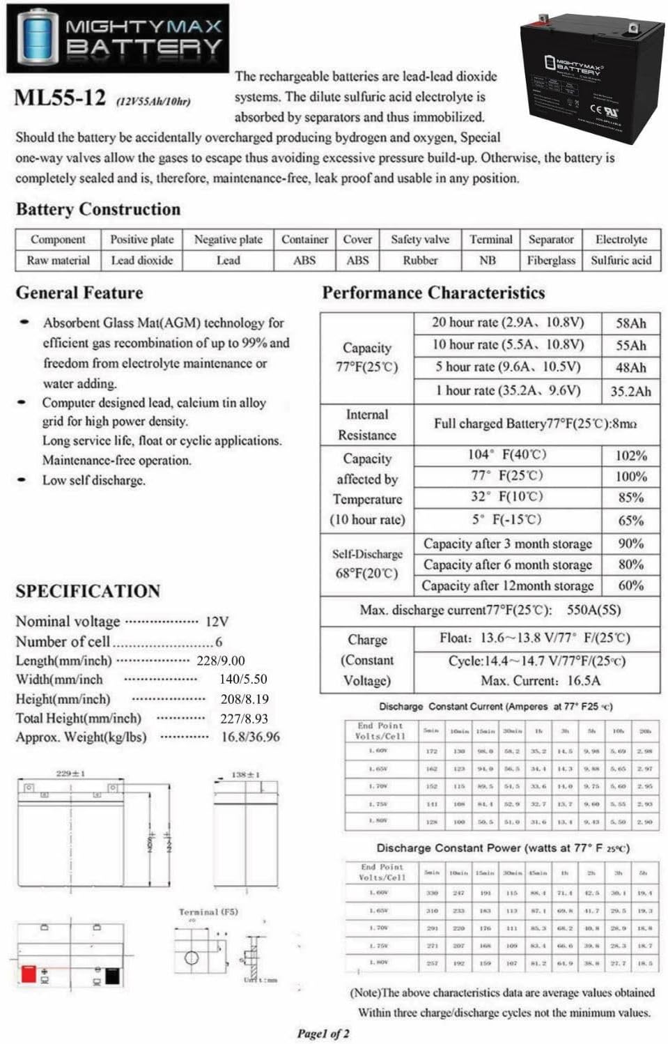 Mighty Max Battery 12V 55Ah Power Boat Pontoon Electric Trolling Motor Deep Cycle Battery