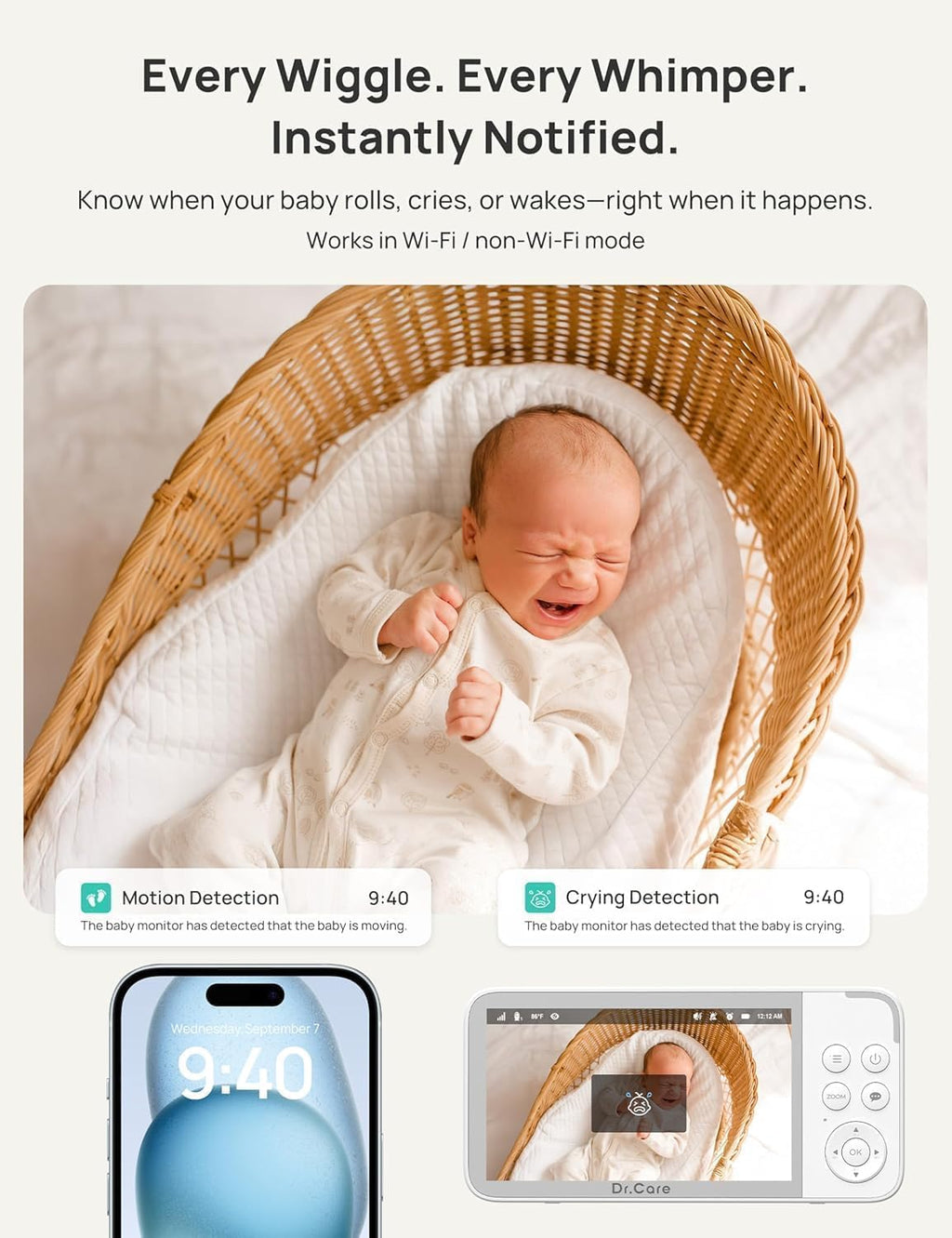 Dr.Care VistaView 5' Smart WiFi Baby Monitor with 2 Camaras - 2K Camera App Control & 1080P Split Screen, Cry & Motion Detection, Pan-Tilt-Zoom, HD Night Vision, Video Recording, Triple Security