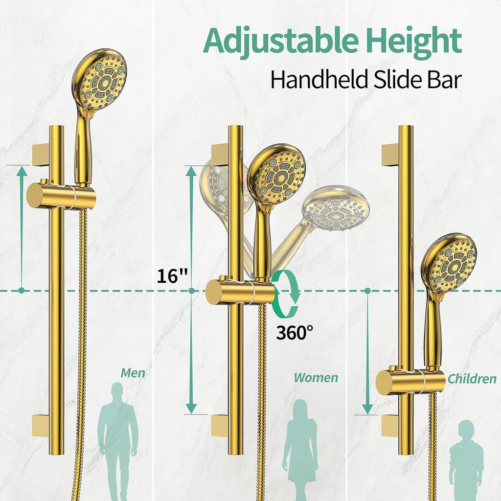 SR SUN RISE 12 Inch Brushed Gold Shower System, Wall-Mount Adjustable 16-Inch Slide Bar with 6-Function Hand Shower Faucet Included Valve and Trim Kit