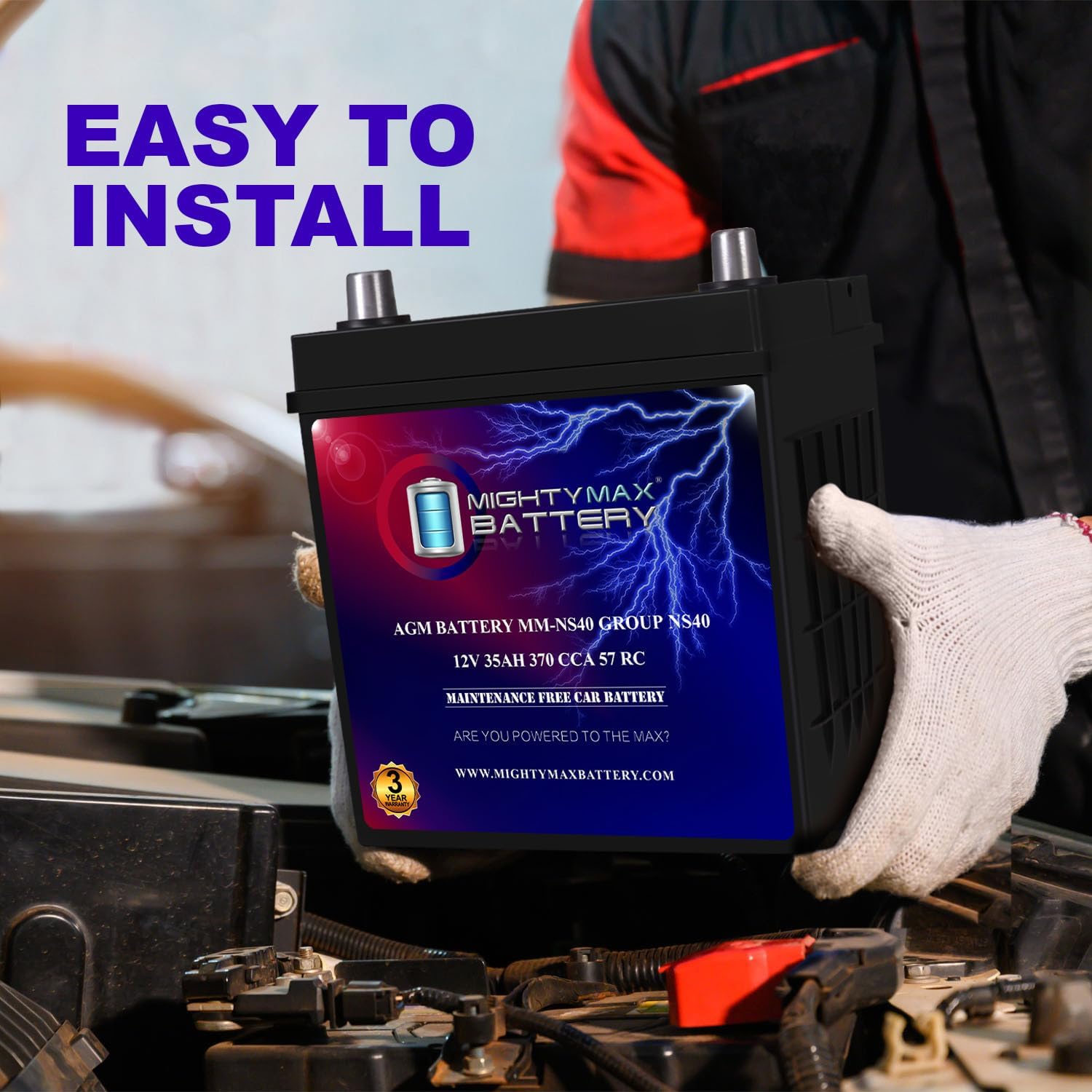 Mighty Max Battery MM-NS40 Start and Stop Car BCI Group Size NS40 12V 35Ah, 57RC, 370 CCA Rechargeable AGM Car Battery