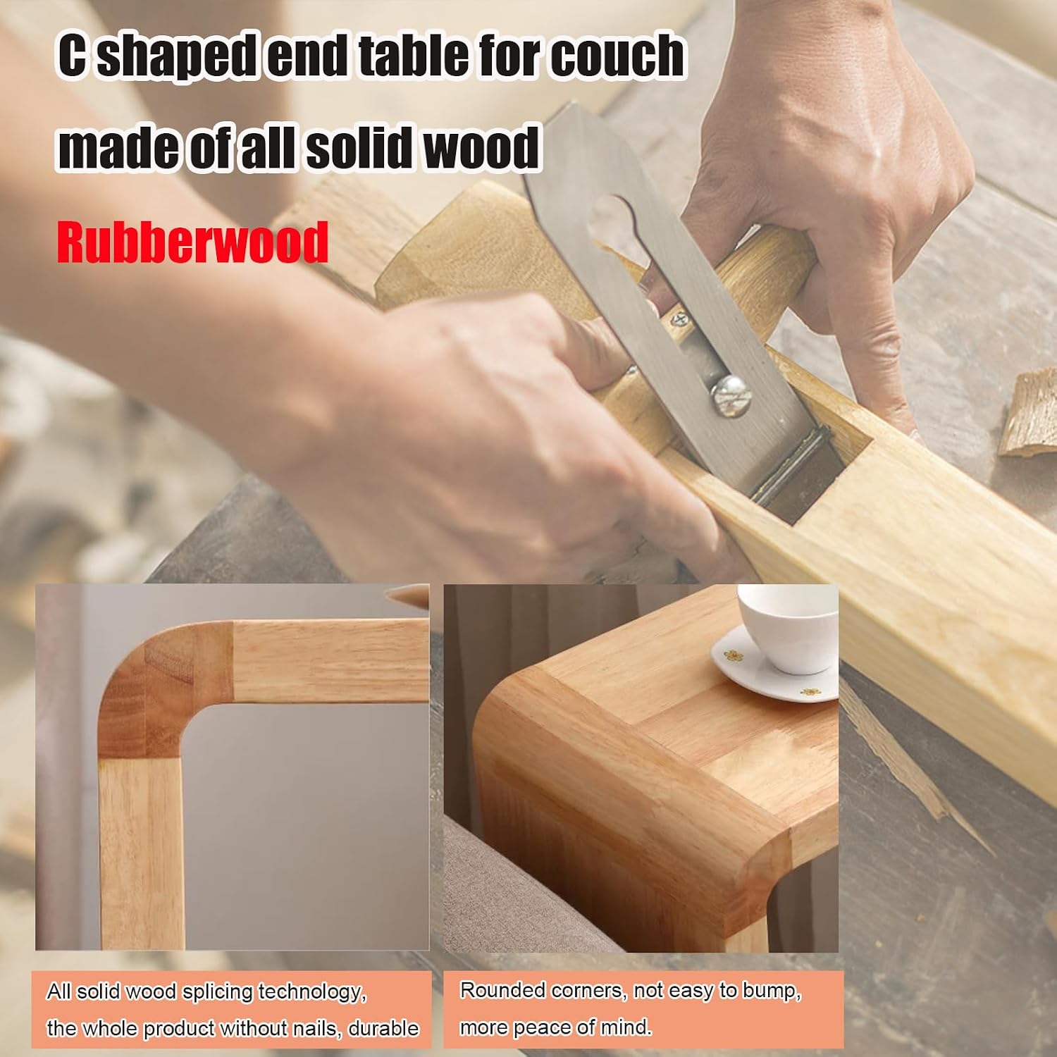 C Shaped End Table, Solid Wood Sofa Side Table for Couch, Bed, and Living Room, Space-Saving Small Snack Table for Bedroom, Office, or Balcony, Wooden Nightstand for Laptop and Narrow Spaces