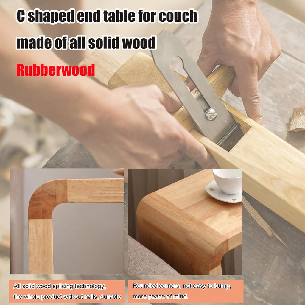 C Shaped End Table, Solid Wood Sofa Side Table for Couch, Bed, and Living Room, Space-Saving Small Snack Table for Bedroom, Office, or Balcony, Wooden Nightstand for Laptop and Narrow Spaces