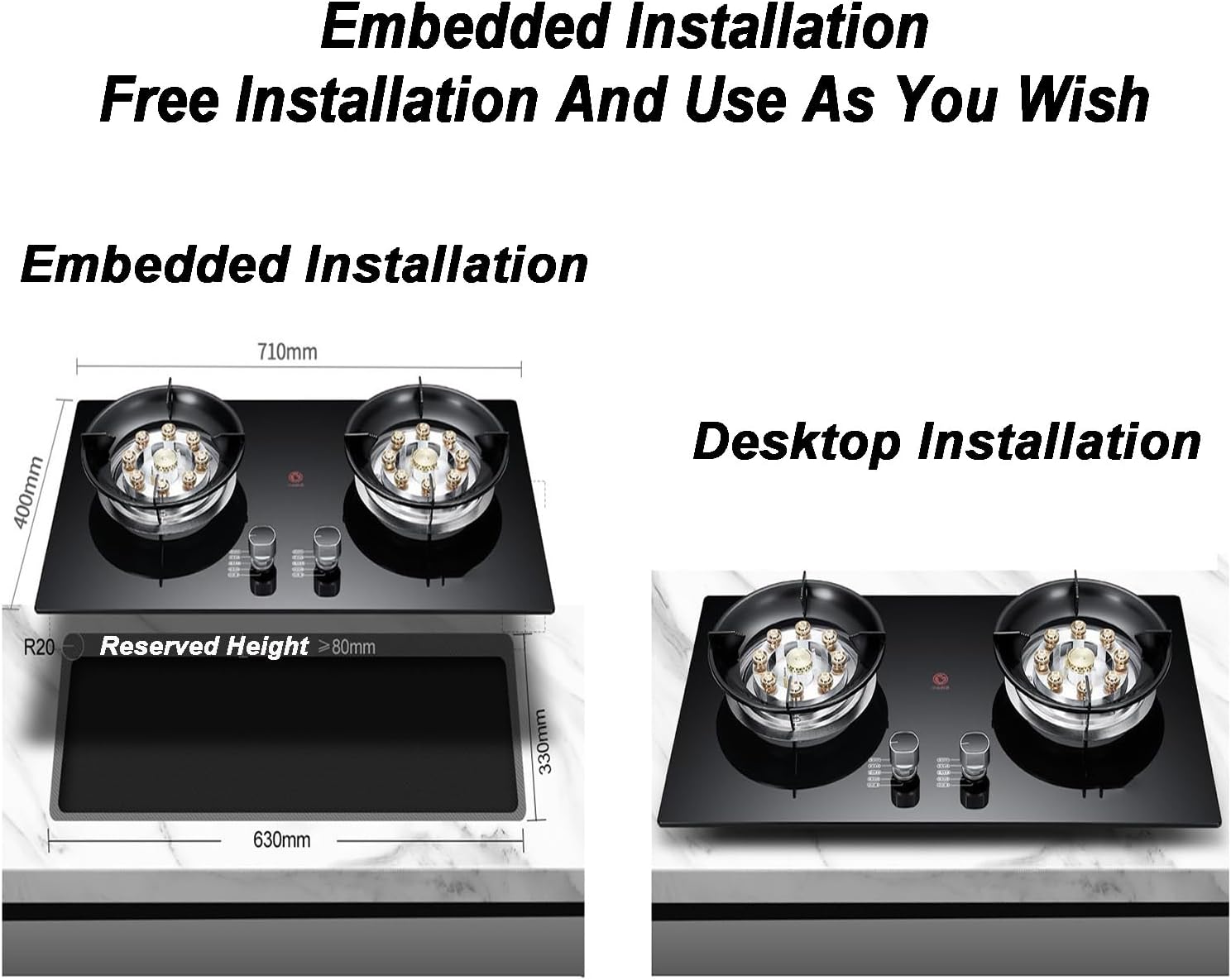 Gas Stove 2 Burners, 5.2KW Built-in Gas Cooker Plug and Play Accidental Flameout Protection Device, for Home Kitchen Camping Garden Dining(NG)