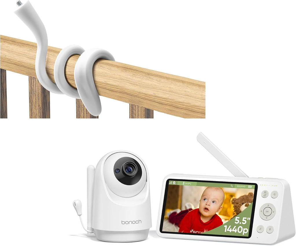 bonoch 5.5' 1440p Baby Monitor with Camera and Audio with Mount, No WiFi Baby Camera, 240h Long-Lasting, Smart Detect Sleep Turn Over/Cry/Motion, 7800mAh, Hack Proof Video Monitor, White Noise