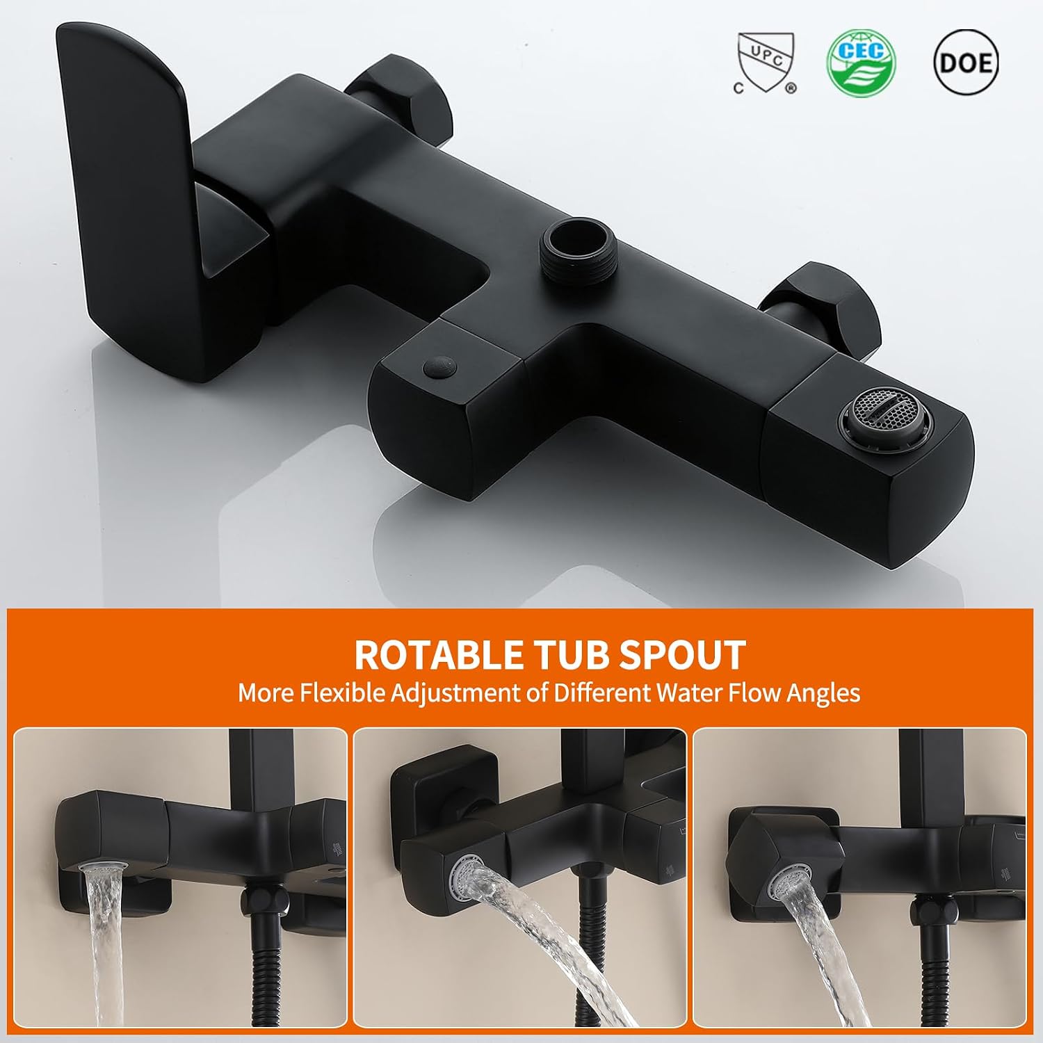 Exposed Shower System with Rain Shower and Handheld Sprayer, Outdoor Shower Fixture with Tub Spout, Rainfall Showerhead Faucet Combo Set for Bathroom Height Adjustable Shower Mixer Matte Black