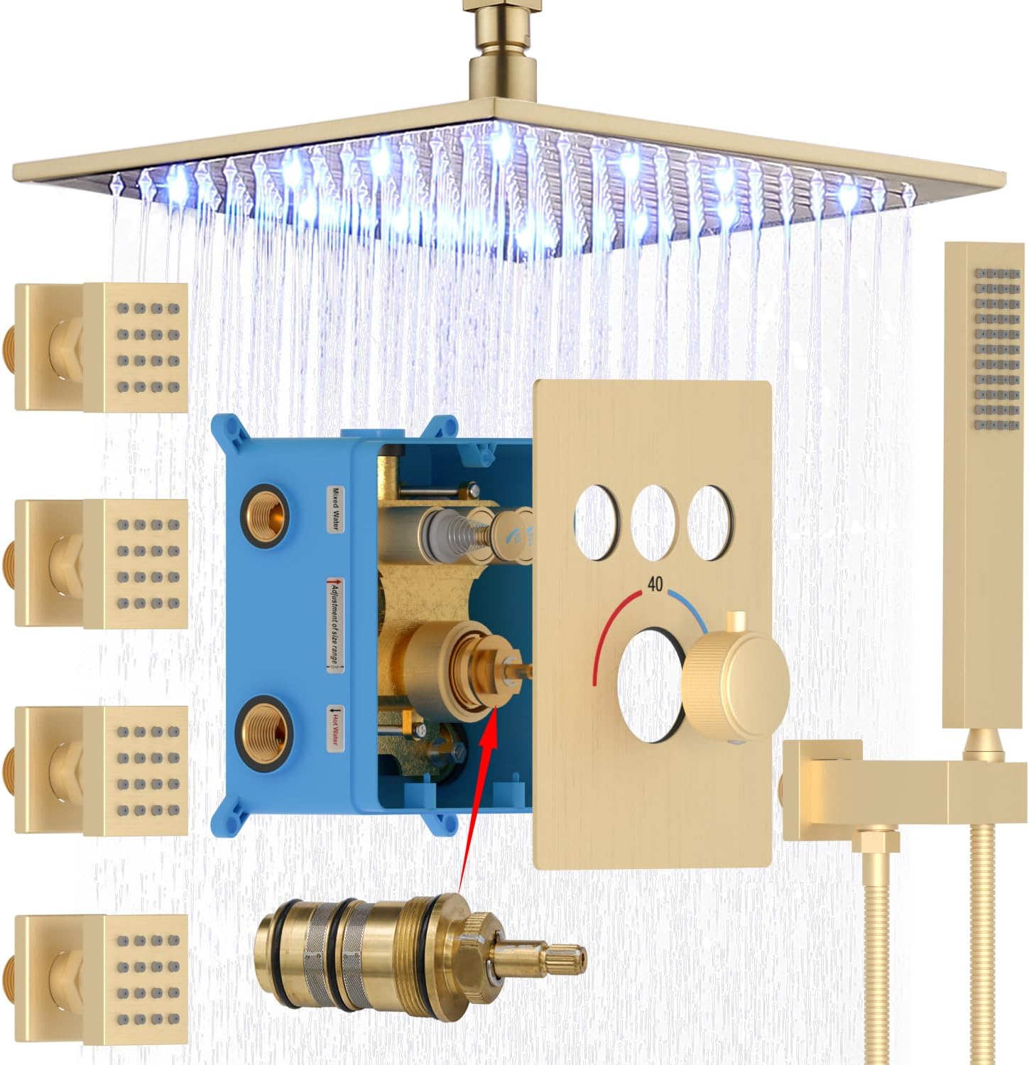 Brushed Gold Rain Shower System - Enga Full Body Spray Shower 12inch Ceiling Rain Showerhead with Body Jets, Thermostatic Modern Shower Combo Set, All Faucet On At The Same Time
