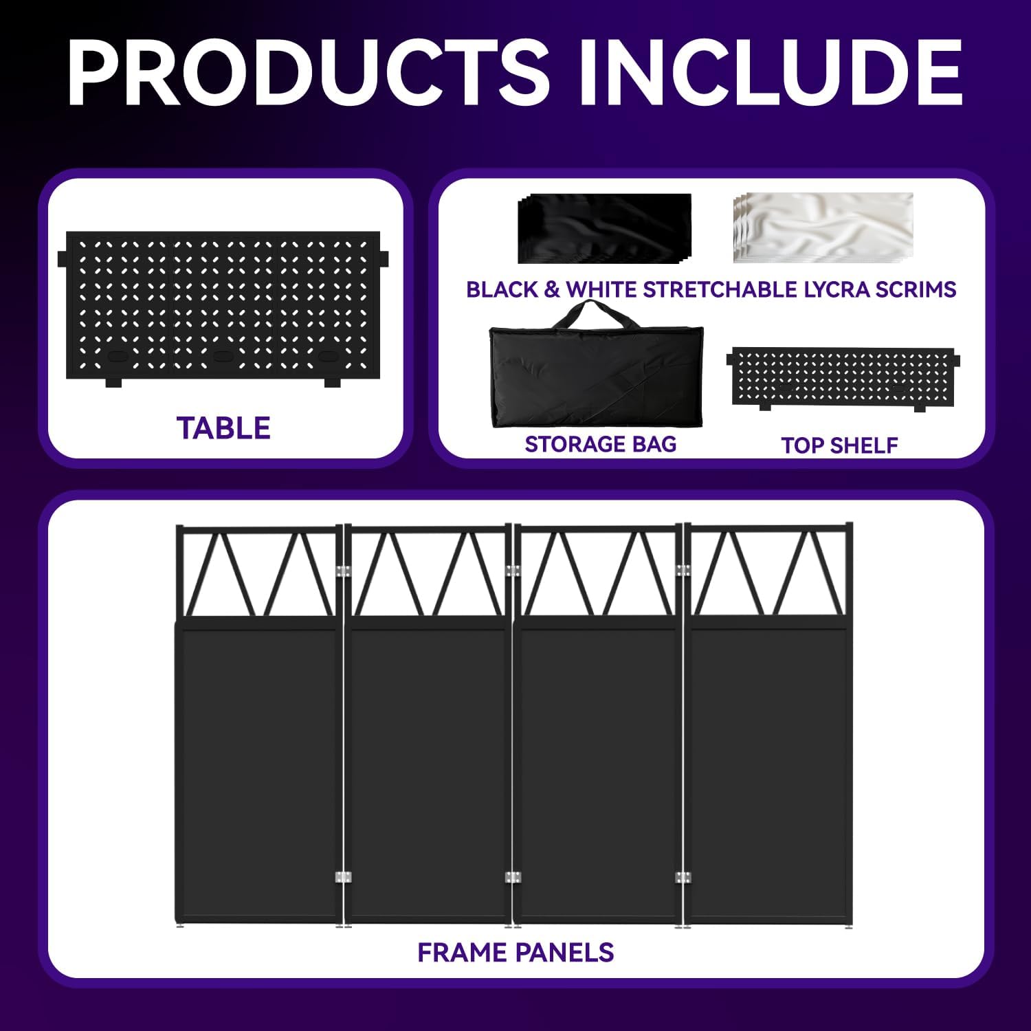DJ Facade Booth Portable DJ Booth Table, Folding 2-Tier Workstation Table with Cable Management Holes, Adjustable Leveling Feet, Black & White Scrim Panels for Wedding Party Events(Upgrade)
