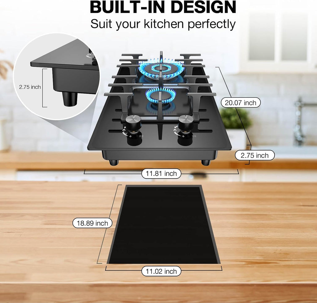 2 Burner Gas Stove Propane Cooktop, Tempered Glass Gas Cooktop 12 inch Stainless Steel Gas Burner with Thermocouple Protection, Lpg/Ng Dual Fuel Built-in Gas Stove Top for Apartments, Rvs