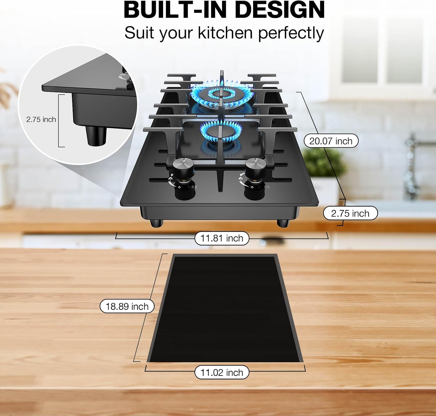 2 Burner Gas Stove Propane Cooktop, Tempered Glass Gas Cooktop 12 inch Stainless Steel Gas Burner with Thermocouple Protection, Lpg/Ng Dual Fuel Built-in Gas Stove Top for Apartments, Rvs