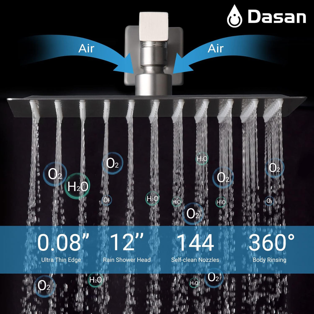 Full Body Rain Shower System with 4 Body Shower Jets & 12' Wall Mount Rainfall Shower Head & Handheld, DASAN Multi Shower Head System Brushed Nickel Rain Shower Faucets sets Combo with Rough-in Valve