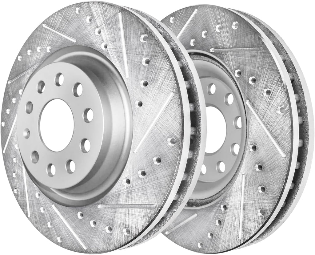 Detroit Axle - Front Brake Kit for Volkswagen Arteon CC Jetta GTI Golf R Audi A3 Quattro Q3 S3, Drilled and Slotted Disc Brake Rotors Ceramic Brakes Pads Replacement: 13.39' inch Rotor