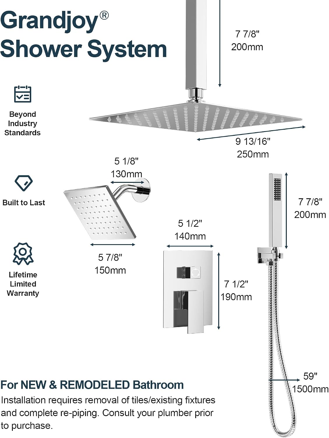 Polished Chrome 3-Function Shower System with 10' Rainfall & 6' Secondary Shower Head, Handheld Combo Set, Wall Mounted cUPC Certified Pressure Balance Valve