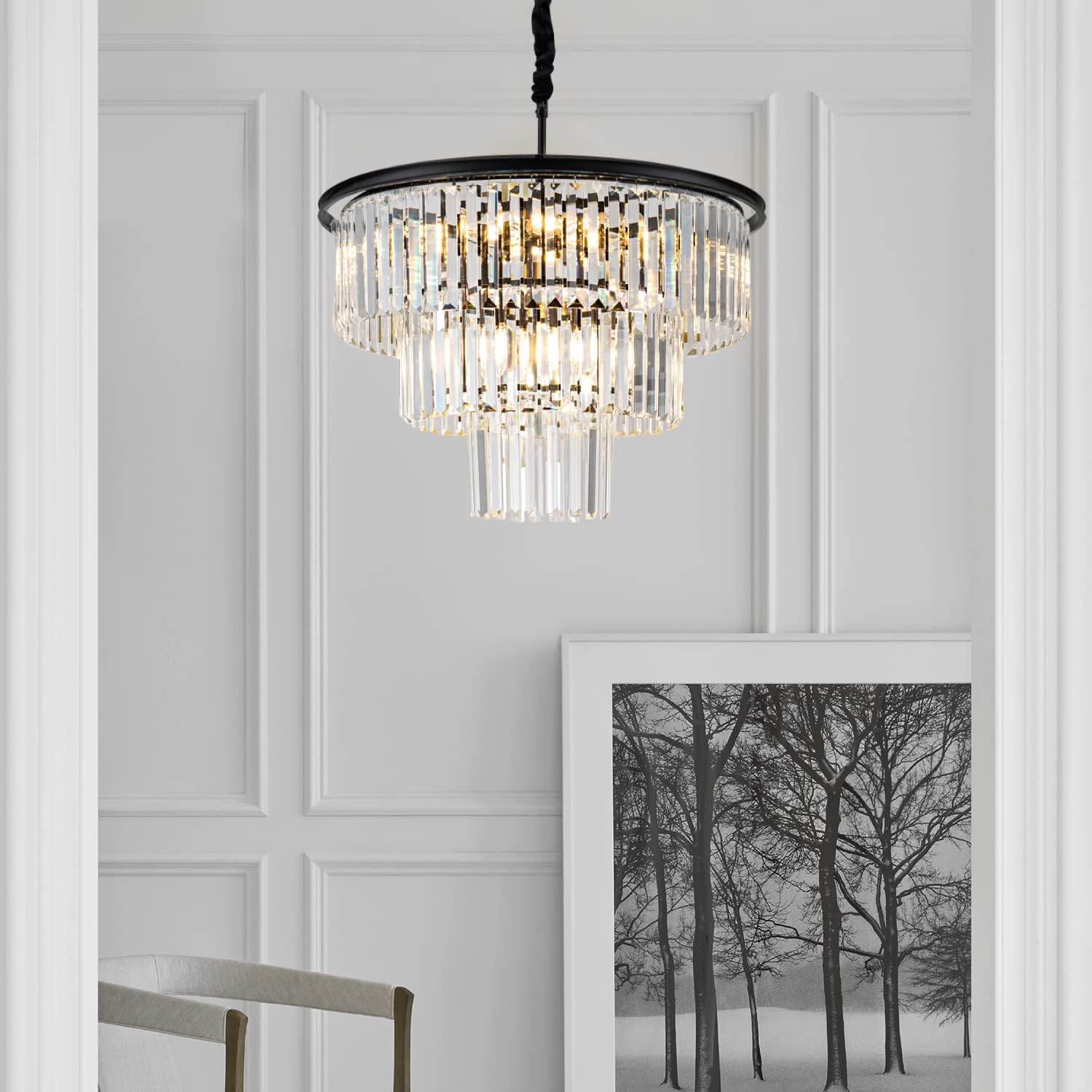 12 Lights 23.64' Black Modern Crystal Chandelier Crystal Pendant Ceiling Light Fixture 3-Tier Hanging Lighting for Dinning Room Bedroom Living Room Foyer