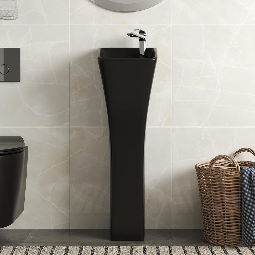 DeerValley Horizon Black Pedestal Sink 11x13 Inch, Modern Ceramic Bathroom Vanity with Overflow for Small Spaces