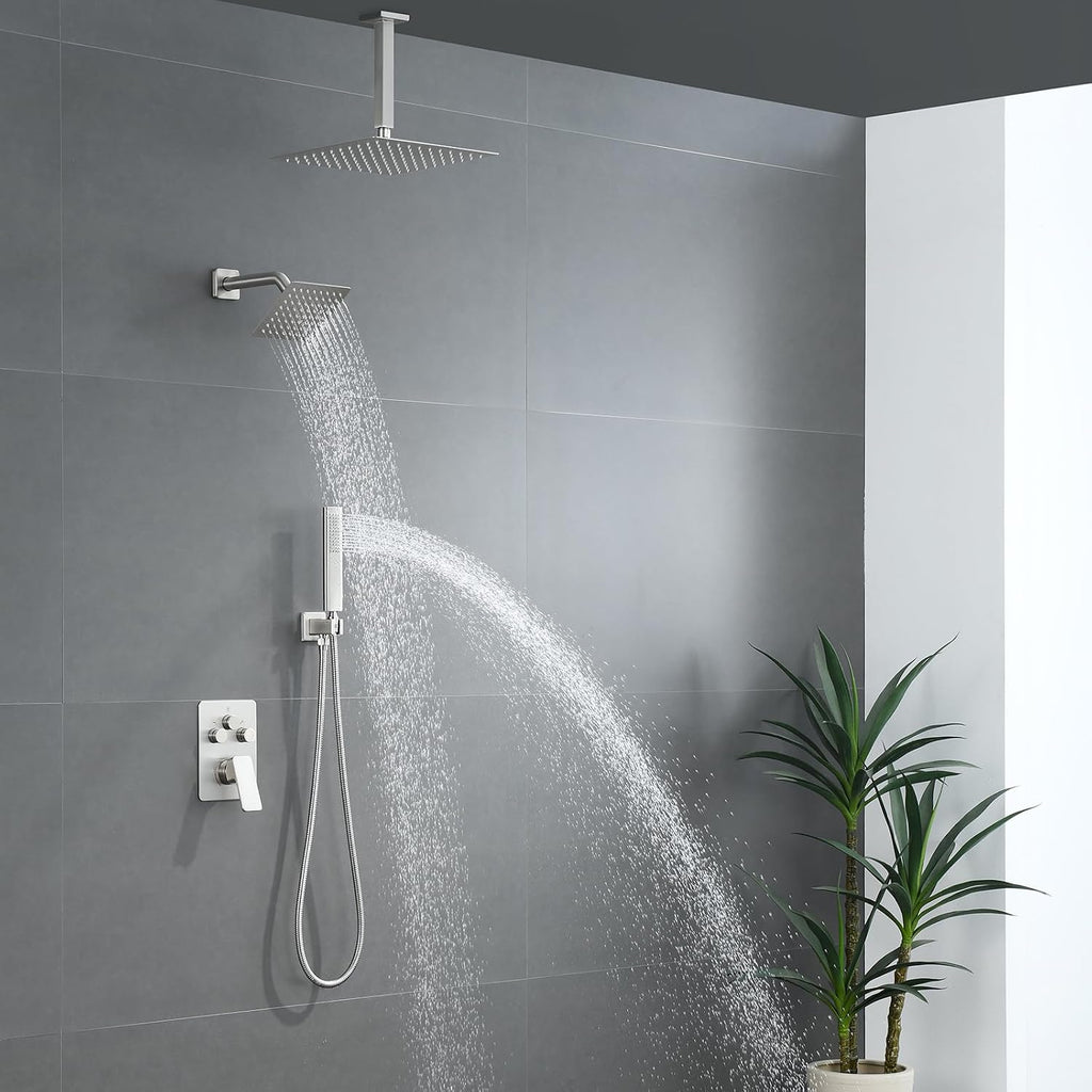 Shower Faucet Set, Brushed Nickel Shower System with Rain Shower and Handheld Bathroom Rainfall Ceiling 12 Inch Shower Set with Valve