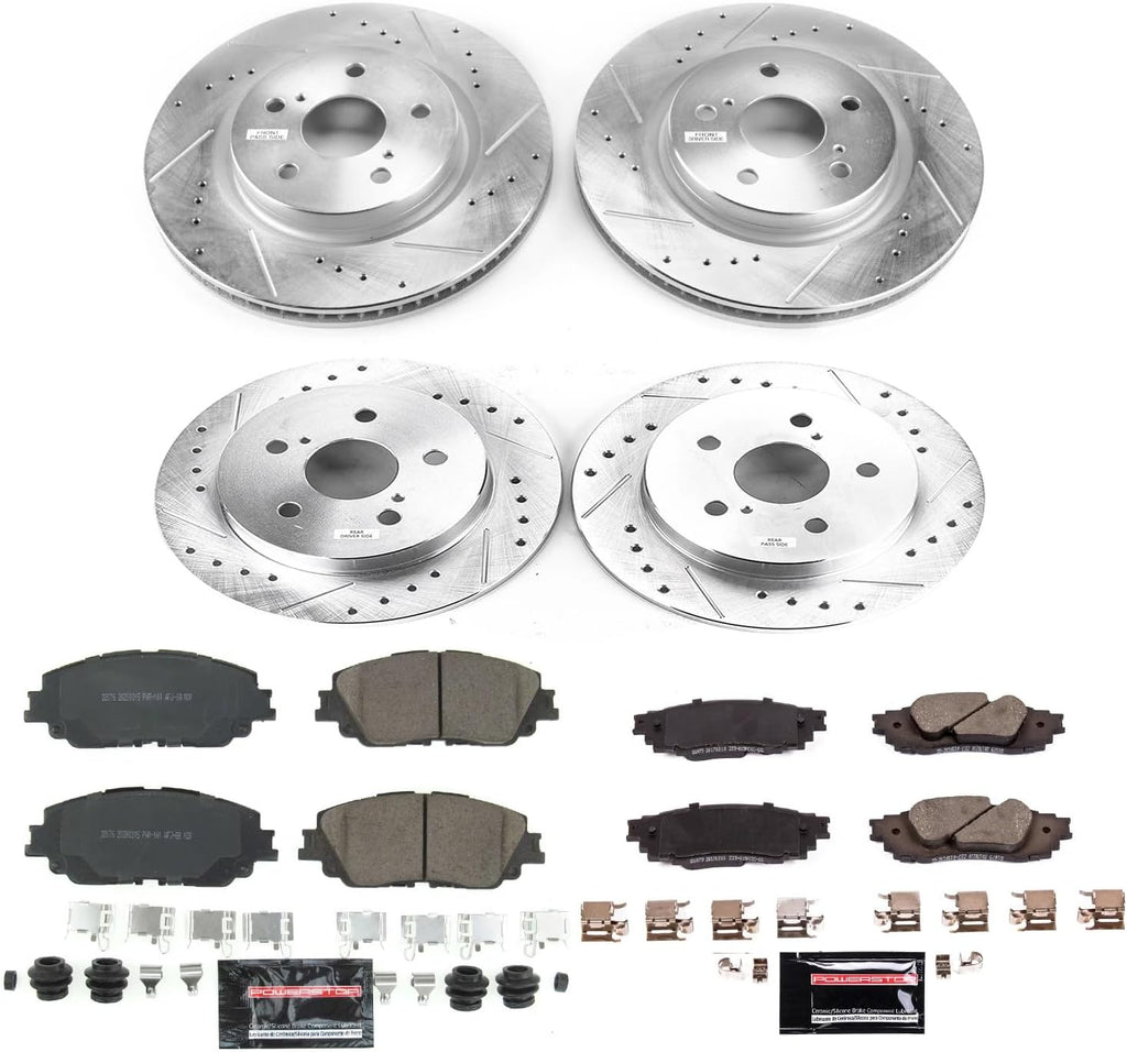 PowerStop Front and Rear Brake Kit for Lexus ES250 2021-24 |ES300h 2019-24 |ES350 2019-24 |UX200 2019-22 - Drilled and Slotted Disc Rotors with Carbon-Fiber Ceramic Brake Pads Replacement, K8348