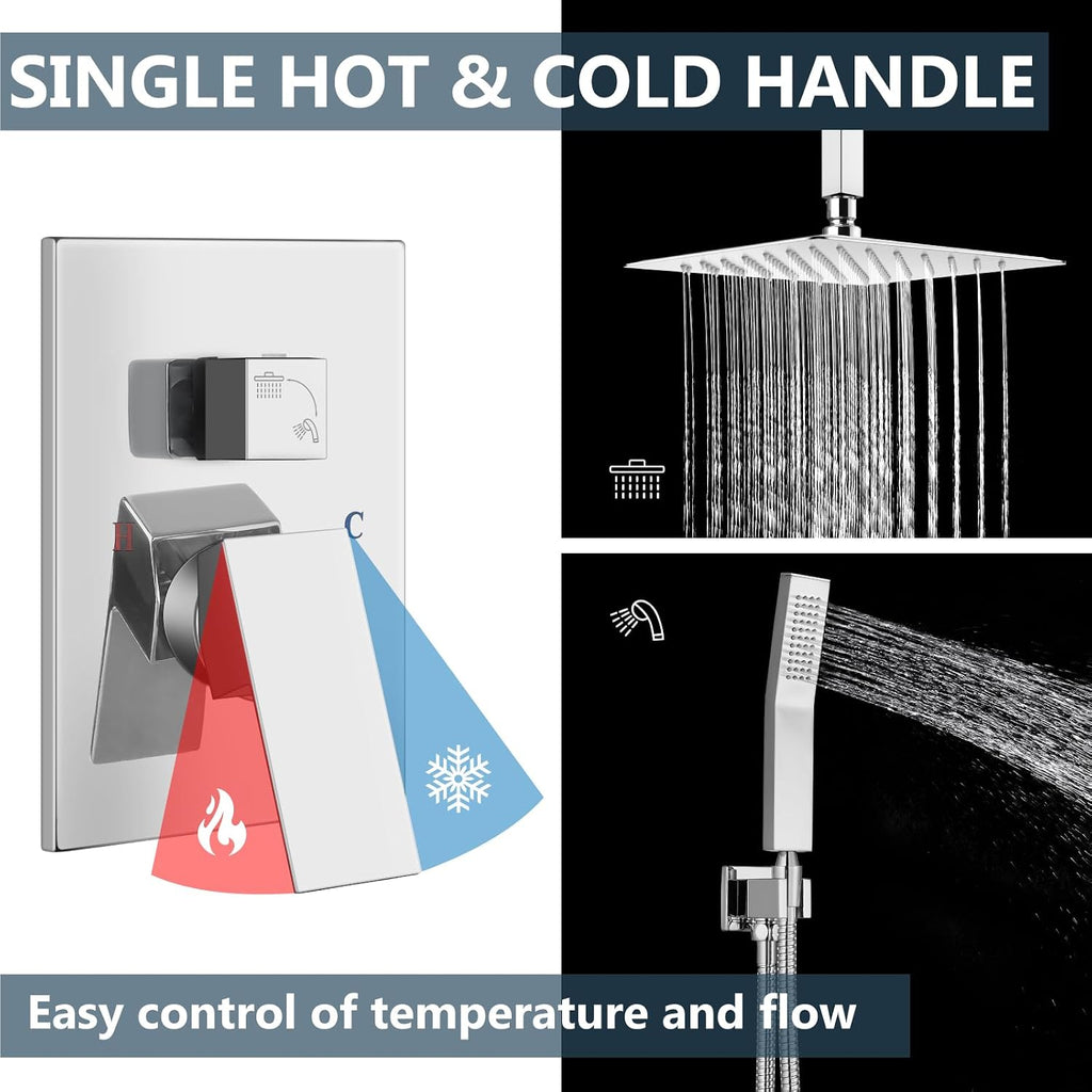 Aolemi Ceiling Mount Shower System Rain Shower Head with Handheld Spray High Pressure Shower Faucet Set Rough-in Valve Shower Trim Kit Included Bathroom Polish Chrome 8 Inch Ceiling Shower Head