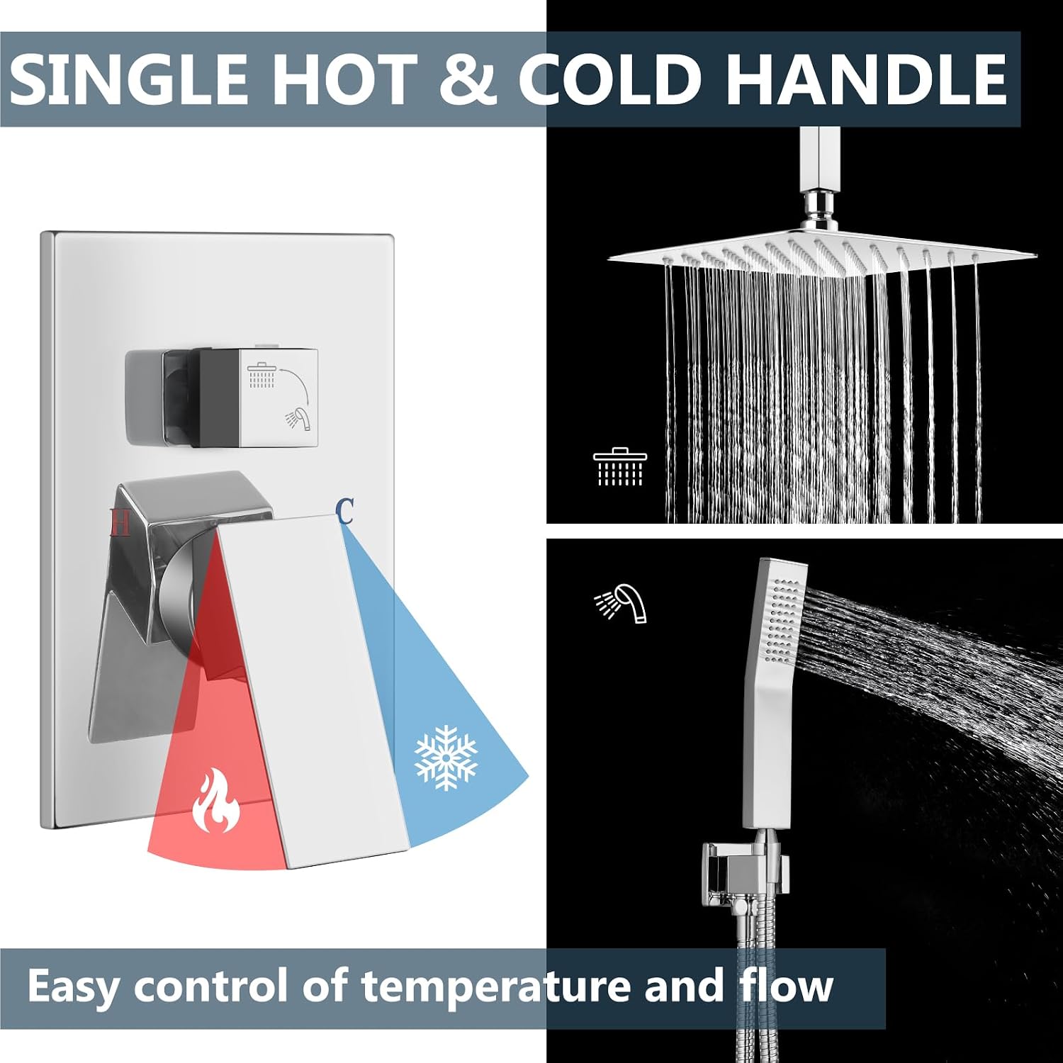 Aolemi Ceiling Mount Shower System Rain Shower Head with Handheld Spray High Pressure Shower Faucet Set Rough-in Valve Shower Trim Kit Included Bathroom Polish Chrome 8 Inch Ceiling Shower Head