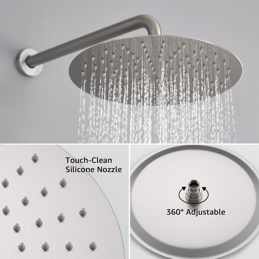 Iriber Brushed Nickel Round Rain Shower System with 4 PCS Body Jets 3 Function Shower Faucet Set Contain 12 Inch Shower Head and Handheld Wall Mounted Pressure Balance Shower Trim Kit (Valve Included)