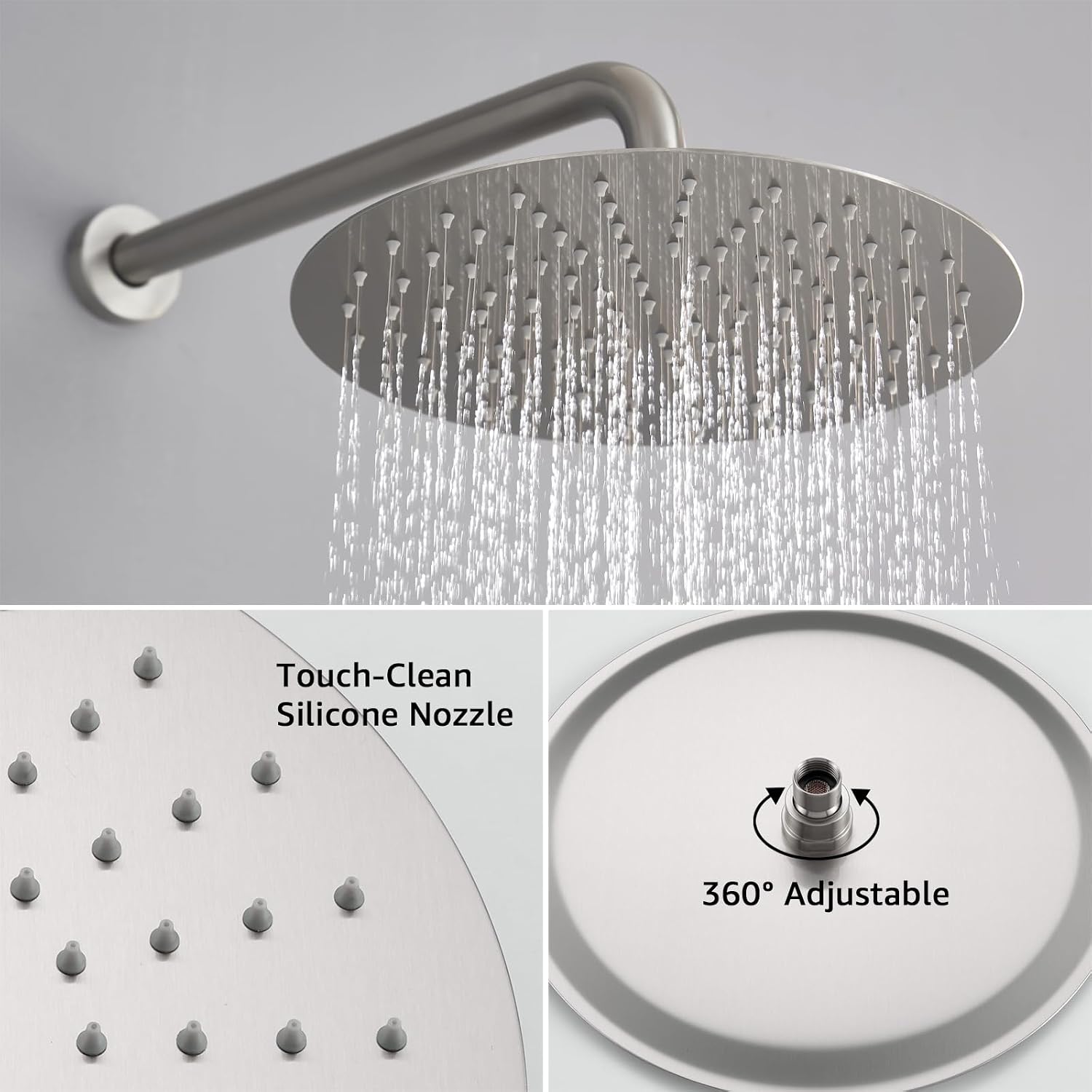 Iriber Brushed Nickel Round Rain Shower System with 4 PCS Body Jets 3 Function Shower Faucet Set Contain 12 Inch Shower Head and Handheld Wall Mounted Pressure Balance Shower Trim Kit (Valve Included)
