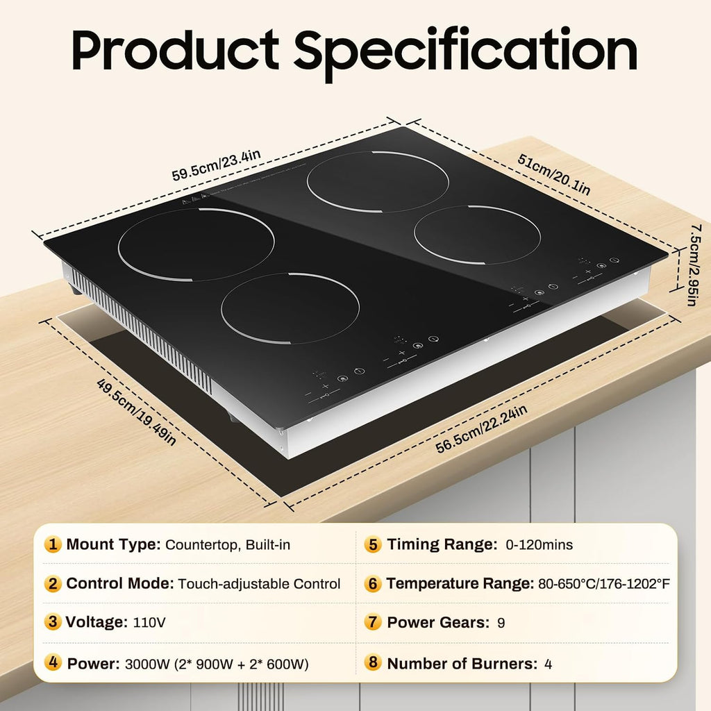 4-Burner Induction Cooktop, 3000w Ceramic Cooktop - 9 Heating Levels, 176-1202°f Temp Control, Desktop/Built-In (22.24x19.49in Cutout), Black Crystal Panel for Kitchen/Snack Bar (110v)