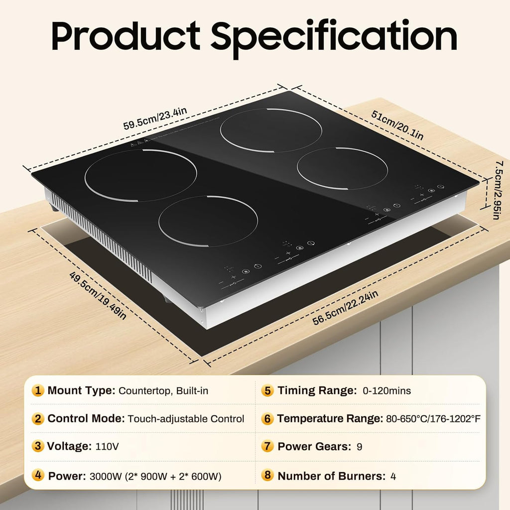 110V Electric Ceramic Cooktop, 4 Burner Built-in Radiant Stove Infrared Cooker, 3000W Smart Temperature Control Stove with Overheat Protection for Kitchen Restaurant Catering Commercial Cooking