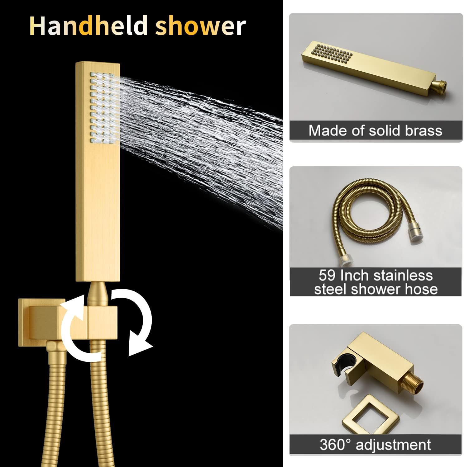 AYIVG Brushed Gold 4 Function Dual Shower Heads System Multi Functions 16 X 26 Inch Rainfall and 8 Inch Wall Mount with 6 Jets Full Body Shower System Set with Handheld shower head