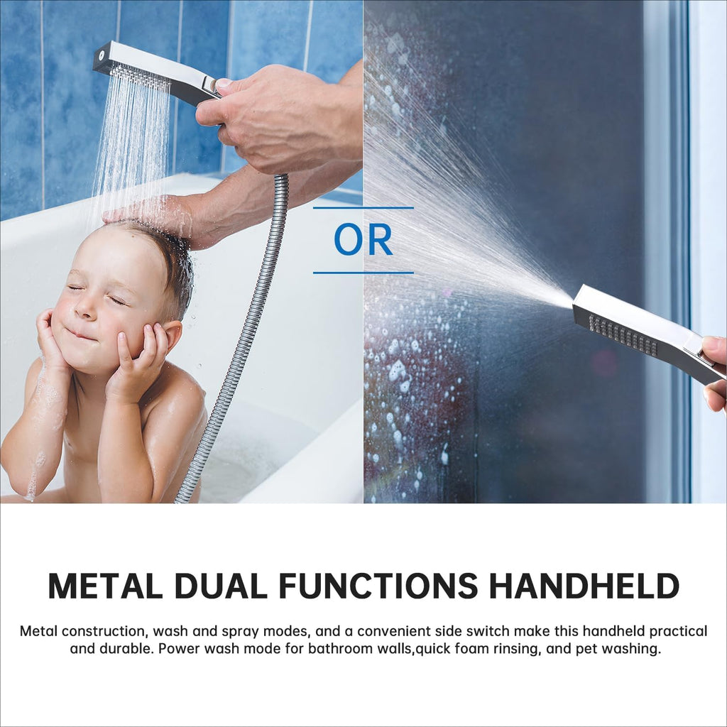 G-Promise All Metal 16 Inches Rainfall Shower Head with Handheld Spray Combo, 3 Settings Diverter, Adjustable Extension Arm with Lock Joints, 71 Inches Stainless Steel Hose (Chrome)