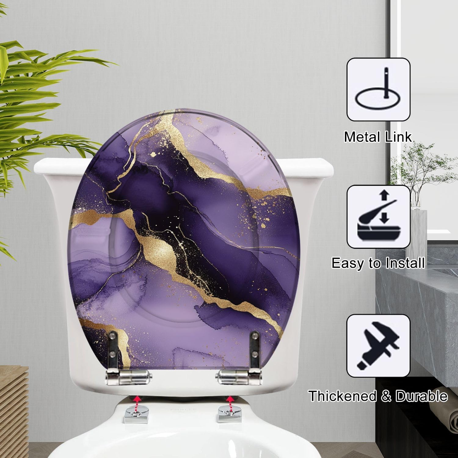 Round Toilet Seat Purple marble gold stripes alcohol ink Luxury violet black watercolor Resin Toilet Seat Slow Quiet Close Lid with Quick-Release Hinges Cover Bumpers Easy to Clean Install