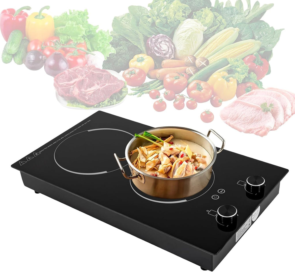 Electric Cooktop, 110-120V 2100W Electric Stove Top with Knob Control, 9 Power Levels, Lock & Timer,Built-in Radiant Double Induction Cooktop Stove for Home Dorm Office, Camping (Black)