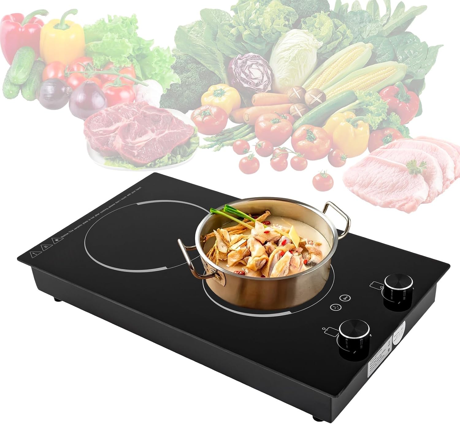 Electric Cooktop, 110-120V 2100W Electric Stove Top with Knob Control, 9 Power Levels, Lock & Timer,Built-in Radiant Double Induction Cooktop Stove for Home Dorm Office, Camping (Black)