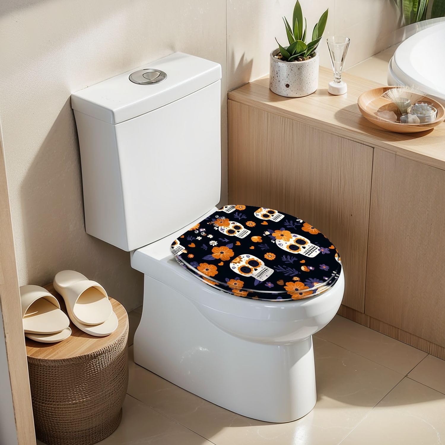 Elongated Toilet Seat Hand drawn seamless cute sugar skulls flowers for fabric Resin Toilet Seat Slow Quiet Close Lid with Quick-Release Hinges Cover Bumpers Easy to Clean Install