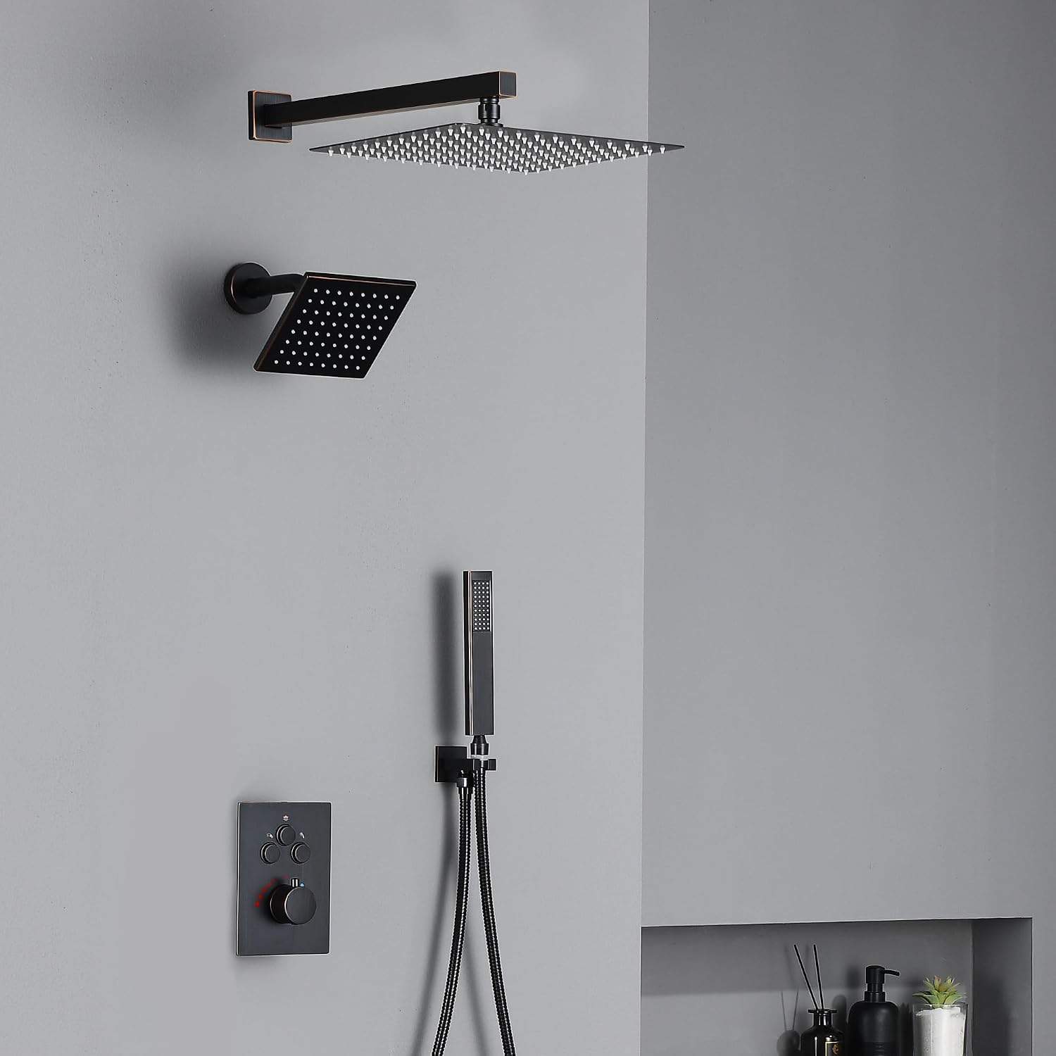 Oil Rubbed Bronze Thermostatic Shower System with Wall Mount 12-Inch Rainfall Shower & 6-Inch High Pressure Shower Head, Dual Shower Heads Set with Handheld Sprayer, Full Shower Faucet Combo