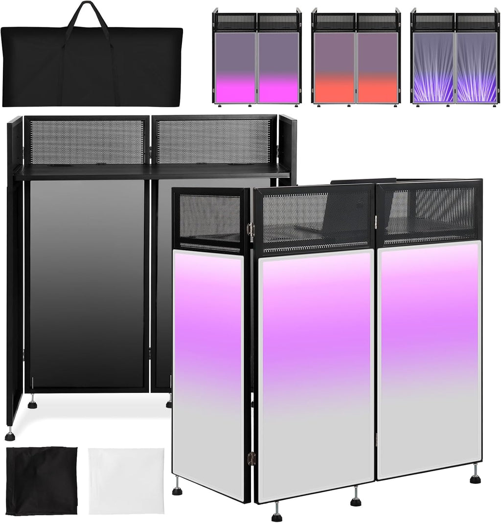 Kokorona Portable DJ Booth 43'L x 20'W x 45'H, DJ Facade Booth with Black & White Scrims, Folding DJ Booth for Party, DJ Facade Table Booth with Cable Hole, Black Metal Frame + Carry Bag