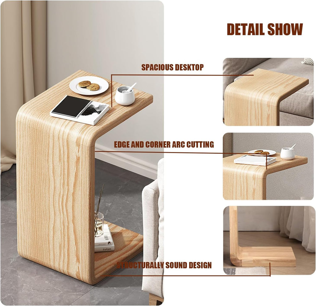 Solid Wood End Table for Couch, C Shaped Mini Sofa Side Table for Small Narrow Spaces, Wooden Nightstand for Living Room Bedroom Laptop Work Desk, Bedside Table for Office Balcony (1, black small)