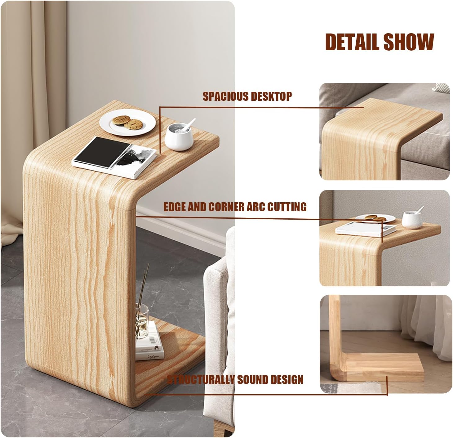 Solid Wood End Table for Couch, C Shaped Mini Sofa Side Table for Small Narrow Spaces, Wooden Nightstand for Living Room Bedroom Laptop Work Desk, Bedside Table for Office Balcony (1, black small)