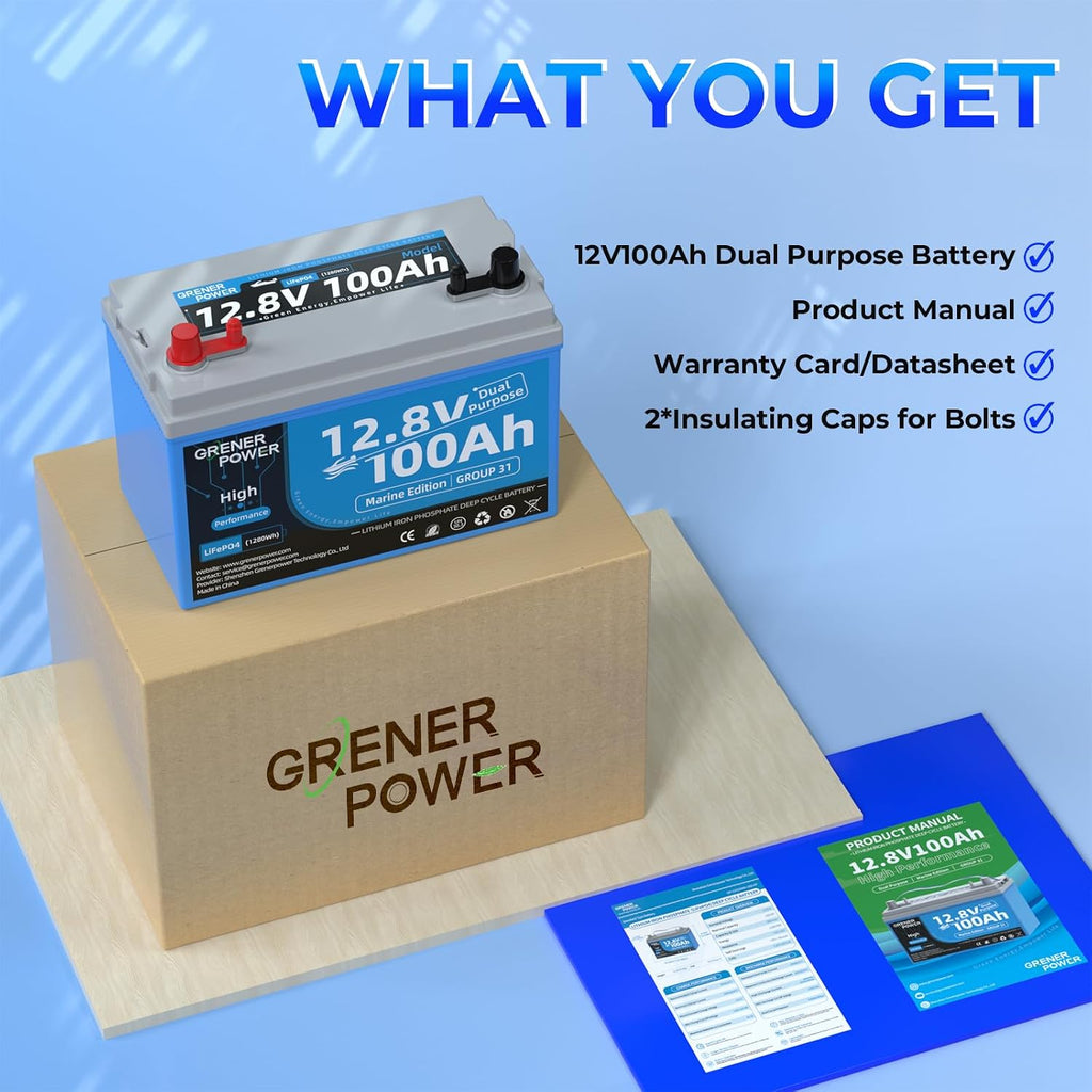 12.8V100Ah Group 31 Dual Purpose LiFePO4 Battery, Built-in 200A BMS, IP66 Waterproof, and Max. 900A Marine Cranking Starting Lithium Battery, Up to 4P4S for Outboard Motors, Boat, RV, Home