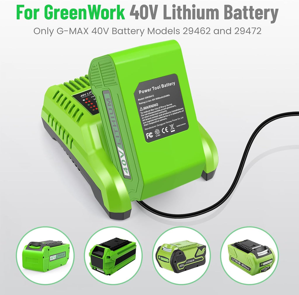 Replacement Battery and Charger for Greenworks 40V Battery Compatible with GreenWorks G-MAX 6.0Ah 40V Power Tools 29462 29252 20202 22262 25312 25322 20642 22272 27062 21242 (2pack+Charger)