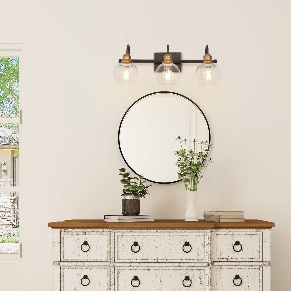 LALUZ Bathroom Light Fixtures, Vanity Lights with Oil Rubbed Bronze Finish, Antique Gold Socket, Clear Glass Shade, 22.5'' L x 7'' W x 9'' H