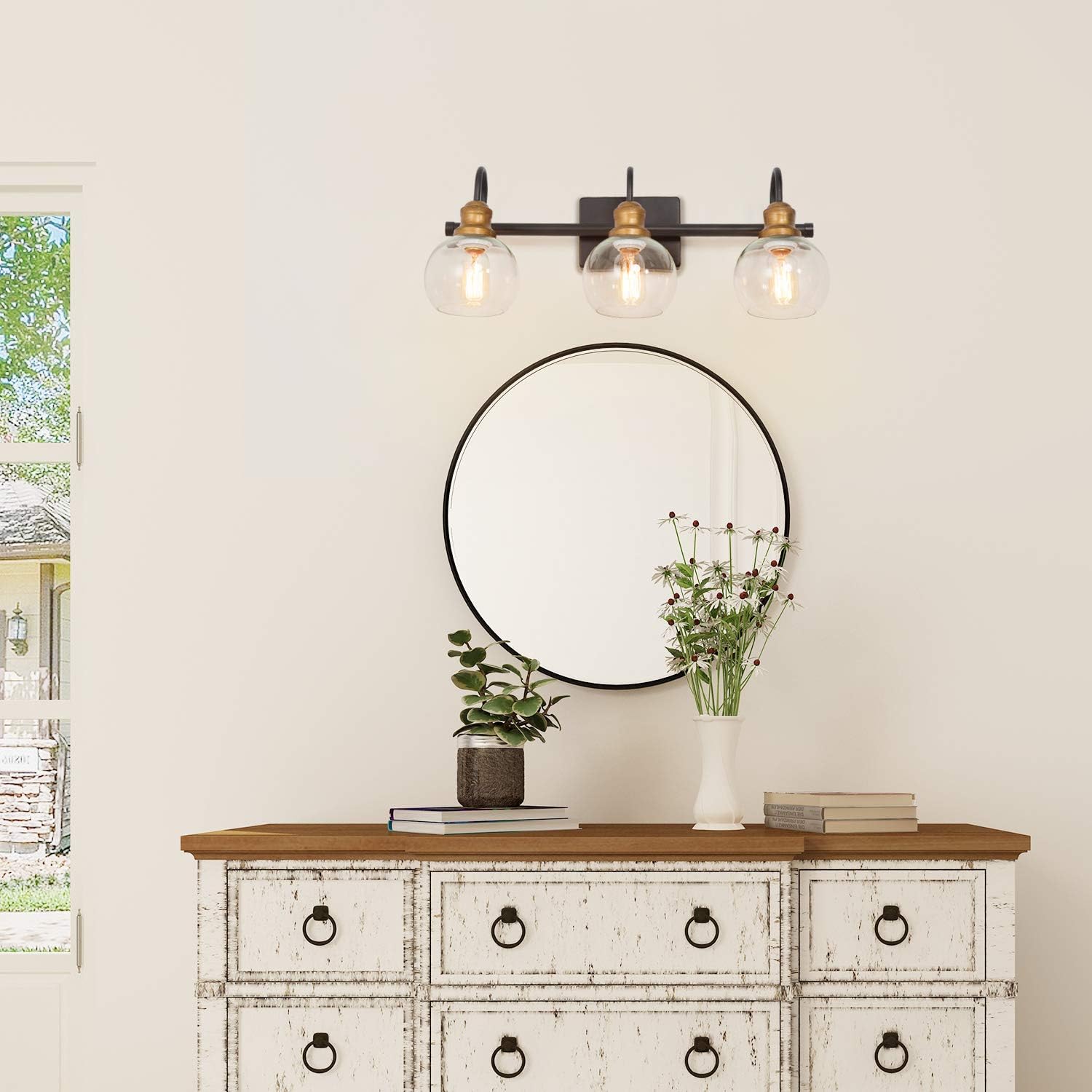 LALUZ Bathroom Light Fixtures, Vanity Lights with Oil Rubbed Bronze Finish, Antique Gold Socket, Clear Glass Shade, 22.5'' L x 7'' W x 9'' H