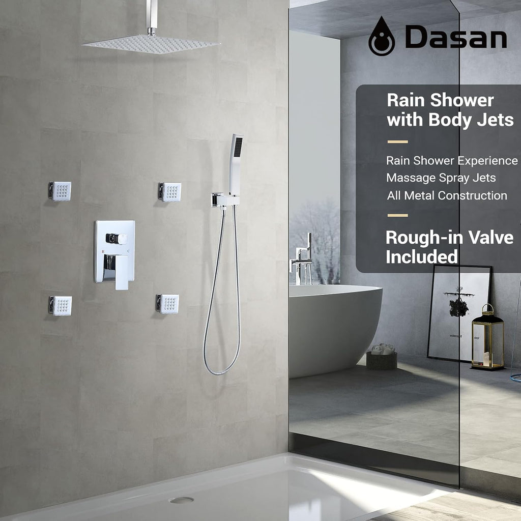 Polished Chrome Shower System with 4 PCS Shower Body Spray Jets & 12'' Ceiling Shower Head & Handheld Spray, DASAN Full Body Shower Faucet System with Jets Rainfall Shower Combo Set, SA-SS03BCH-S12C