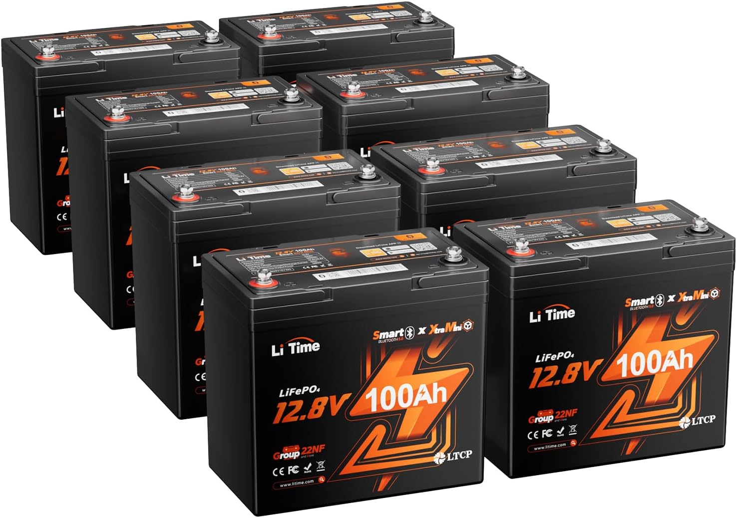 LiTime 12V 100Ah Xtra-Mini Bluetooth Trolling Motor LiFePO4 Battery, 12 Volt MINI Small Lithium Batteries, Up to 15000 Deep Cycle, 100A BMS for RV, Camper, Travel Trailers, Boat, Yacht, Kayak (8-Pack)