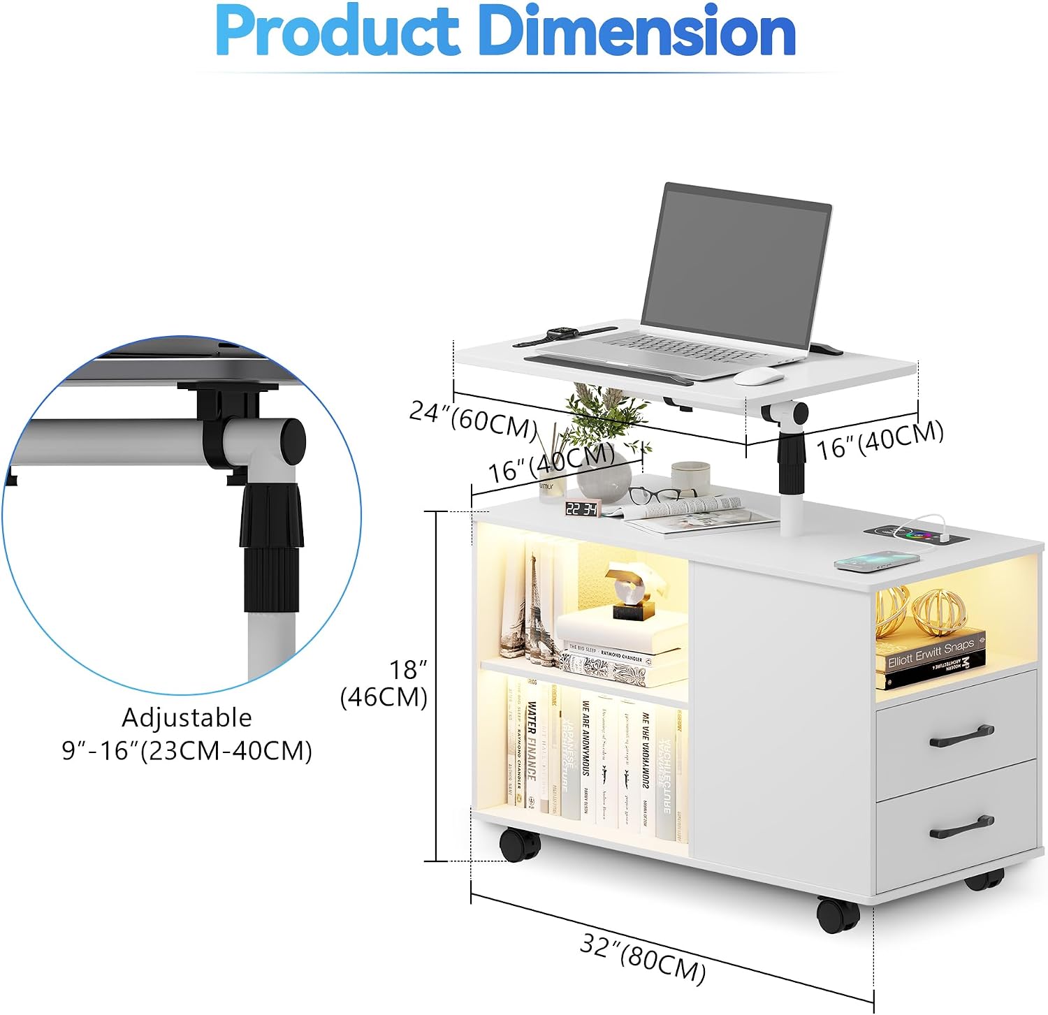 Smart Night Stand with 360° Laptop Tray, RGB Nightstand with Charging Station,Modern Bedside Table with 24-Color Human Sensor Lights,Large End Table w/ 2 Drawers,3 Shelves,5 Wheels,White