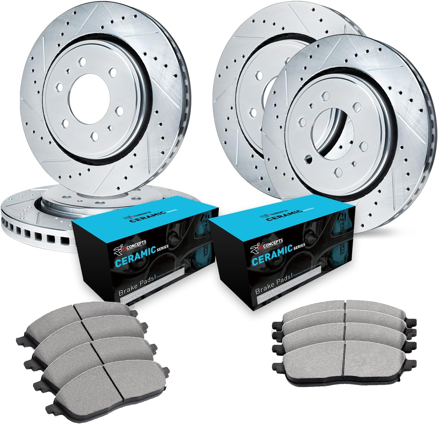 R1 Concepts Front and Rear Brake Kit Fits 2011-2013 INFINITI QX56; 2014-2024 INFINITI QX80; 2017-2024 Nissan Armada| Ceramic Brake Pads and Drilled Slotted Brake Rotors| 13.8' Front & 13.8' Rear