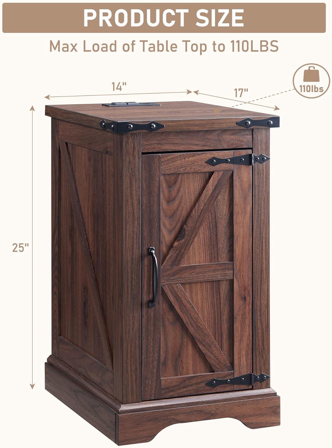 JXQTLINGMU Nightstand with Charging Station, Rectangular Farmhouse End Table with Barn Door and Adjustable Storage Shelf, 17' Deep Wood Rustic Sofa Side Table for Living Room, Bedroom, Brown