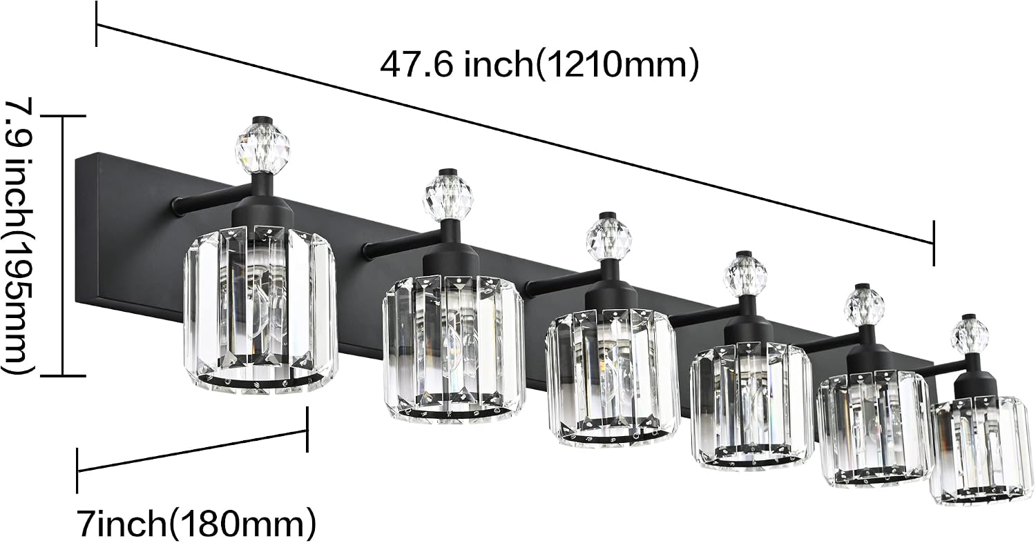 PRESDE 6-Light Crystal Bathroom Lights Fixtures Modern Matte Black Bathroom Lights Fixtures Over Mirror Bath Wall Lighting