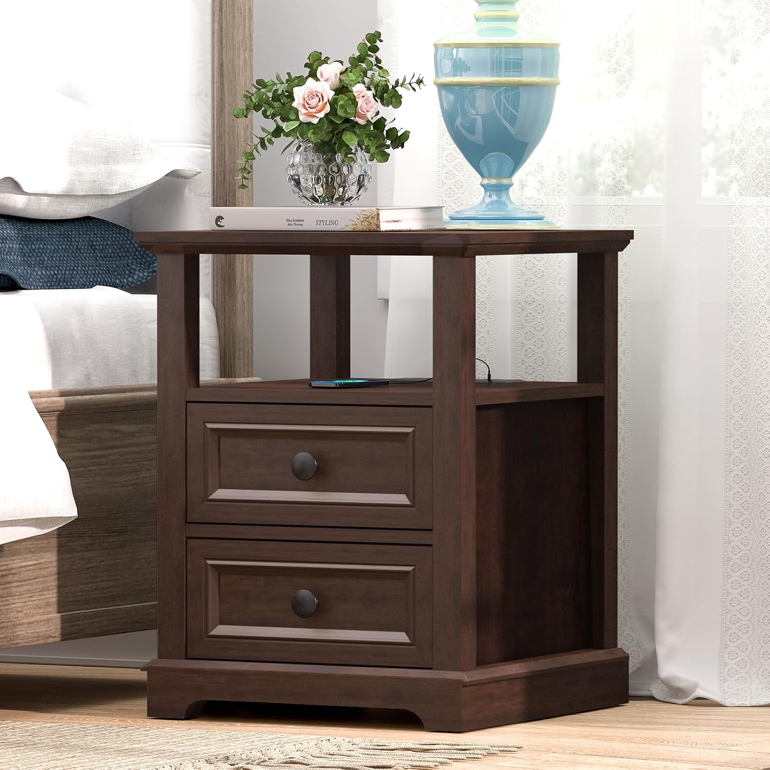 REDAYFUR 24' Tall End Table with Charging Station, Double 18W Fast Charge, Large 18' Bedside Table with Drawers, Rustic Wood Storage Cabinet with Open Shelf for Bedroom, Cherry